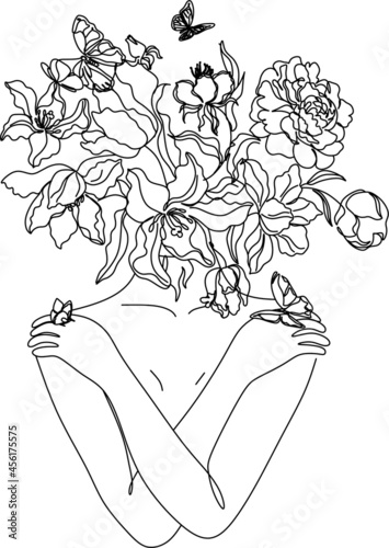 Flower face woman line drawing. Modern continuous line art. Women line art. Beauty salon logo. Coloring book. Botanical print. Nature symbol of cosmetics. Fashion logo.