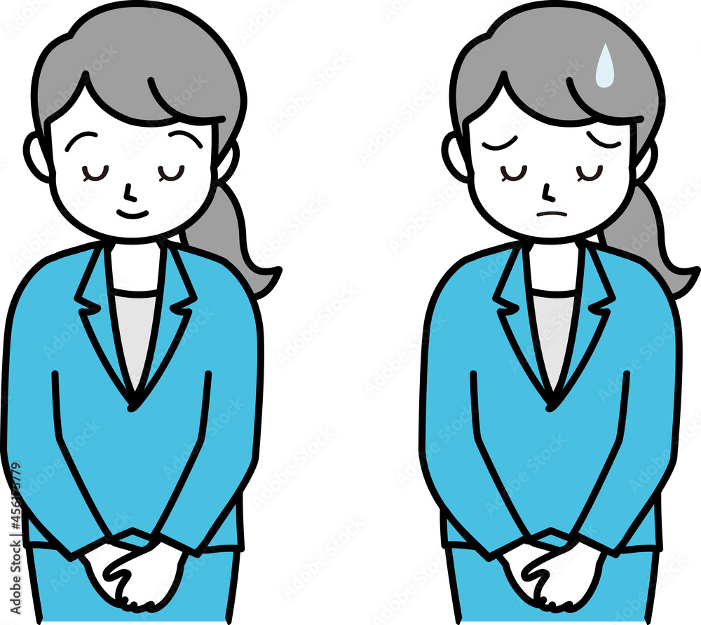 イラスト素材：スーツの女性が頭を下げる様子　お辞儀　謝罪　上半身　セット　線画　単色
