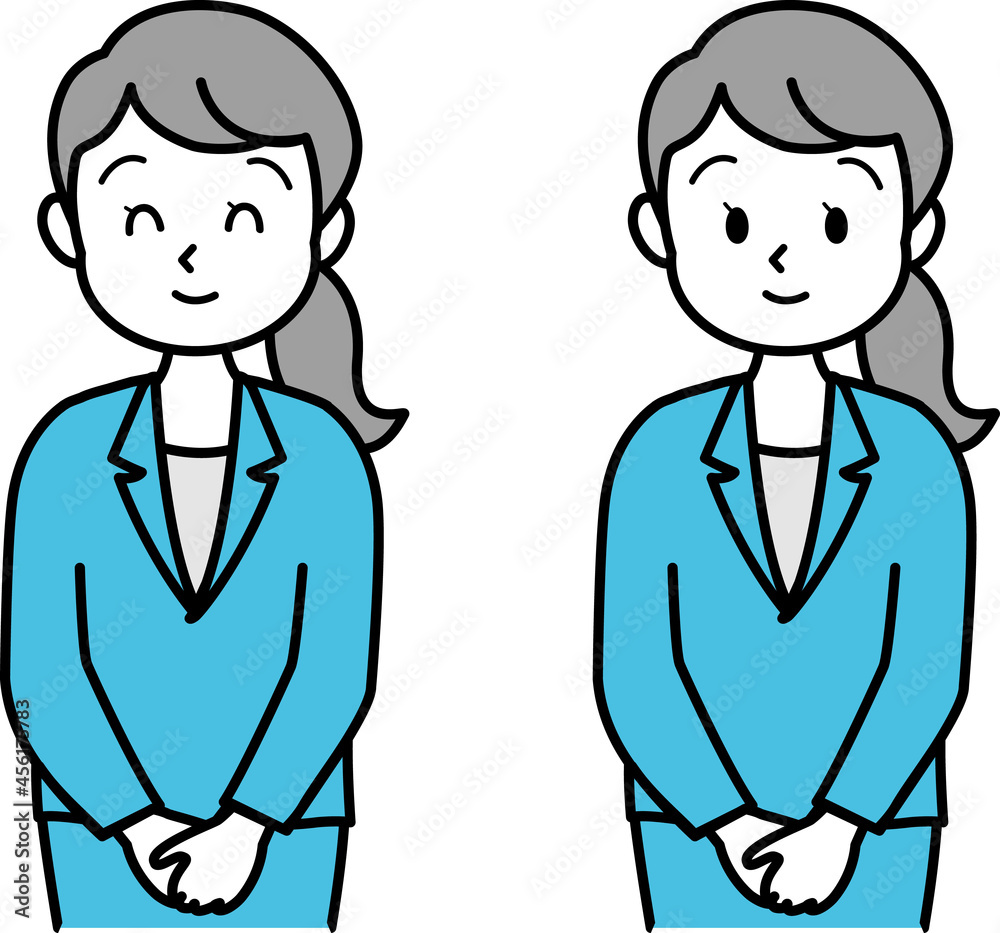 イラスト素材：スーツの女性が笑顔で受付で対応する様子　上半身　セット　線画　単色
