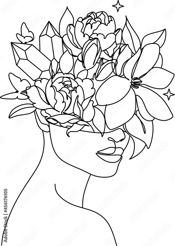 Minimal Line Art Woman with Flowers Poster. One line drawing flower face Art. Flower Face Woman Vector Minimal Line Art Woman with Flowers Poster. One line drawing flower face Art. Flower Face Woman Vector