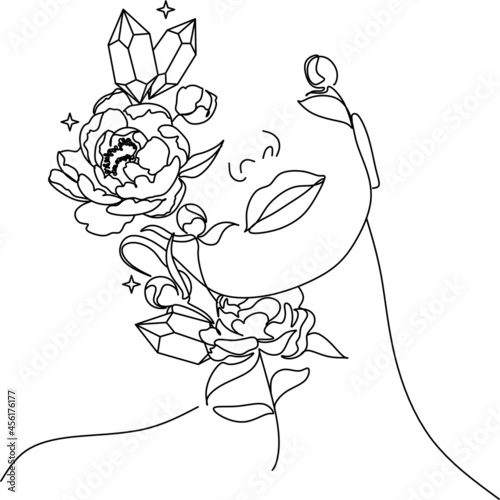 Minimal Line Art Woman with Flowers Poster. One line drawing flower face Art. Flower Face Woman Vector