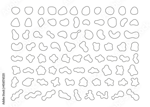 Organic abstract random blob shapes in minimal black line design. Fluid irregular forms elements outline. Liquid blotch silhouettes, amorphous frame water, creative bubble. Vector illustration