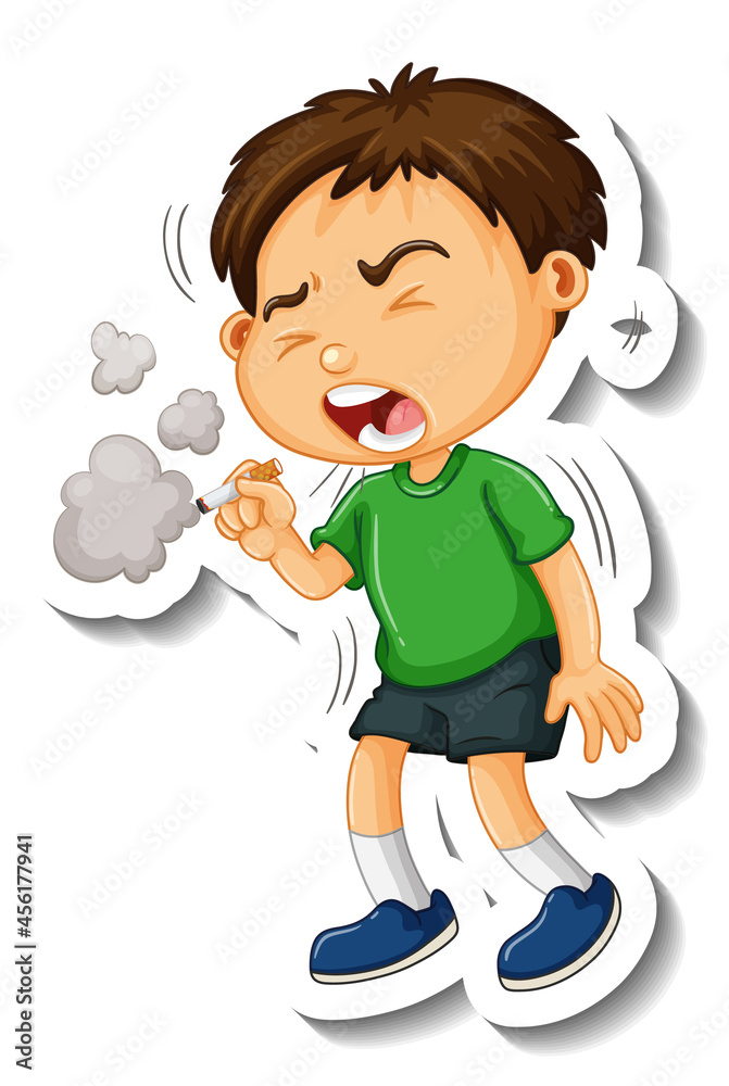 Sticker template with a boy smoking cartoon character isolated Sticker template with a boy smoking cartoon character isolated