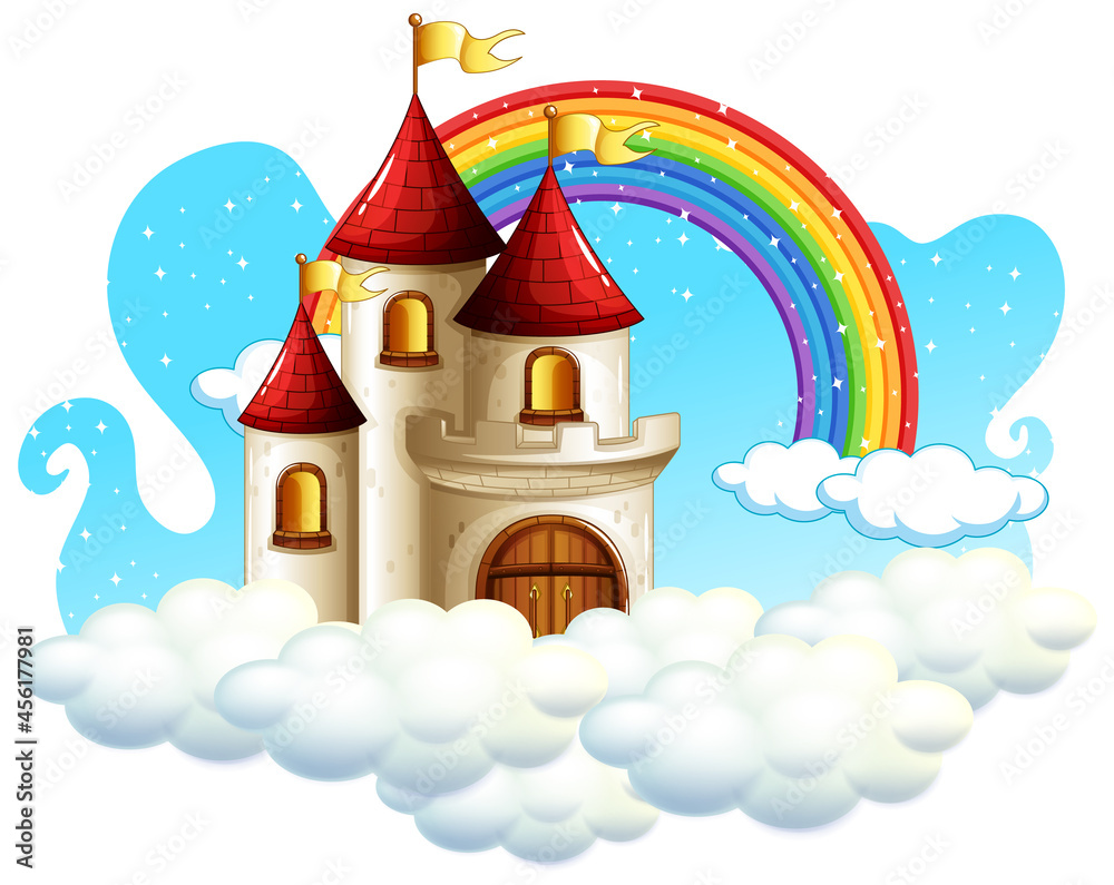 Castle with rainbow on the cloud isolated on white background