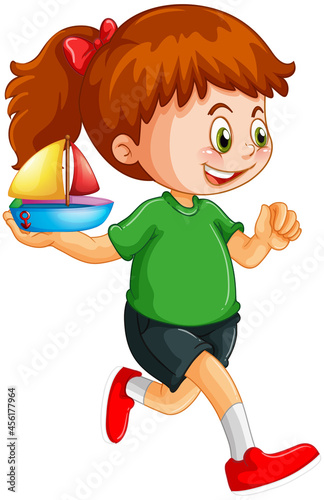 A girl holding a ship toy cartoon character isolated on white background