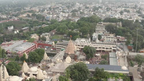 A complete look at Mahakal Temple, Ujjain, taken from a drone from all angles. A medium angle aerial shot of Mahakal Temple to show the complete view of it from all angles. View of the temple’s Shikha photo