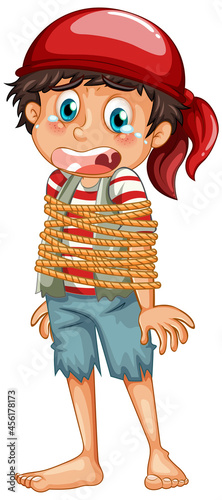 A pirate boy got rope around his body cartoon character isolated