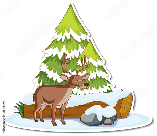 Deer with pine tree covered with snow sticker