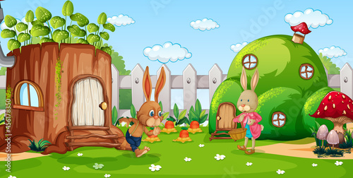 Garden scene with rabbit family cartoon character