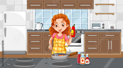A happy woman cooking in the kitchen scene