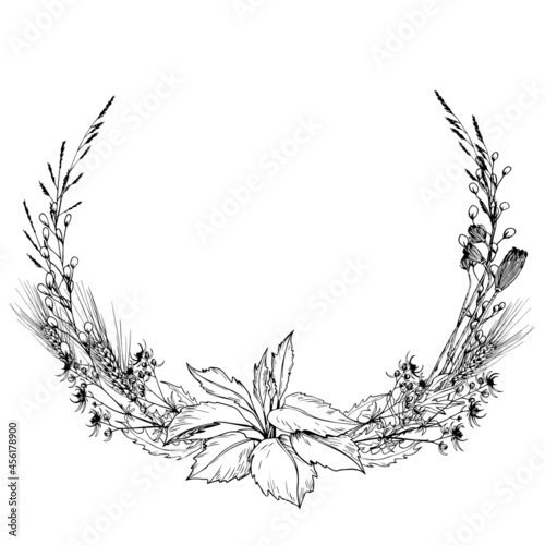 Wild flowers wreath. Hand drawn vector illustration isolated on white background.