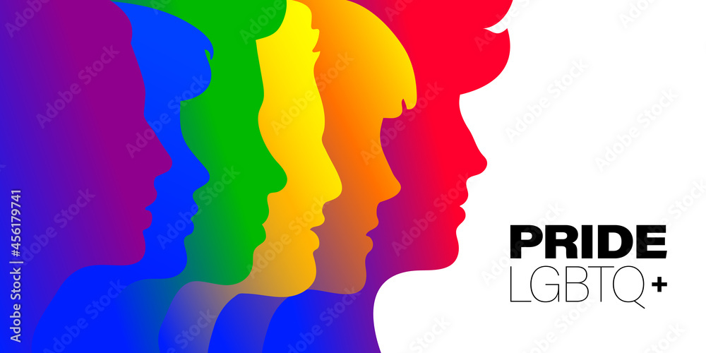 People Faces Silhouettes with Rainbow Flag Colors of LGBT Symbol. Pride LGBTQ+ Concept for Print, Poster and WEB. Vector Illustration.