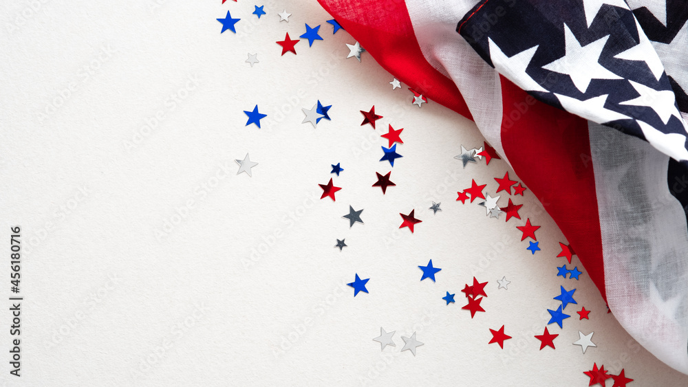 Obraz premium US flag and confetti stars on white background. USA Independence Day, American Labor day, Memorial Day, Columbus day banner design.