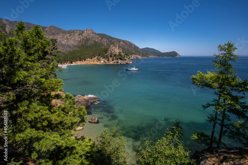 A tourist ship arrives at Babushka Bay on Lake Baikal