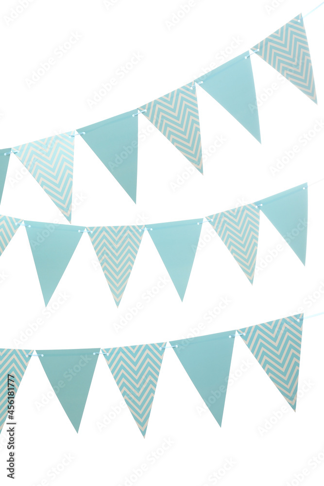 Rows of triangular bunting flags on white background. Festive decor Rows of triangular bunting flags on white background. Festive decor