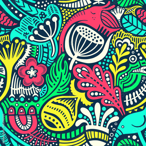 Bright seamless pattern with silhouettes of fantastic animals and plants. Vector print in African style.