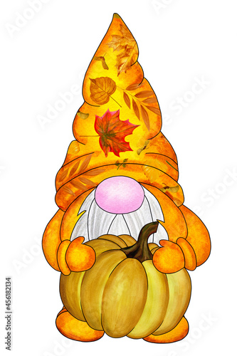 Autumn nordic fairy gnome with pumpkin