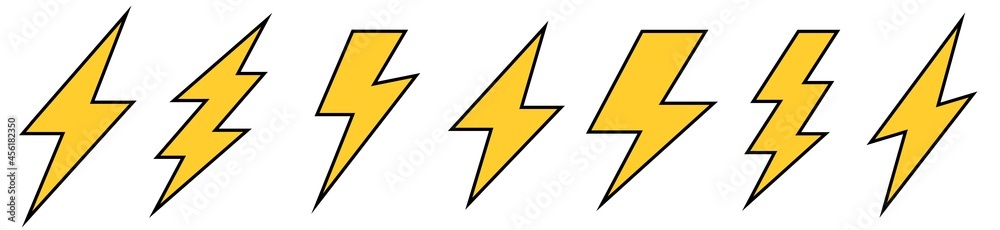 Lightning bolt icons set. Flat energy and thunder symbol. Vintage flash symbol, thunderbolt. Lightning strike vector icon isolated on white background. Vector illustration. Lightning bolt icons set. Flat energy and thunder symbol. Vintage flash symbol, thunderbolt. Lightning strike vector icon isolated on white background. Vector illustration.