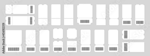 White ticket with barcode vector illustration. Blank vintage ticket symbol. Set 3d realistic mockups. Coupon design template with shadow. Stock vector elements.