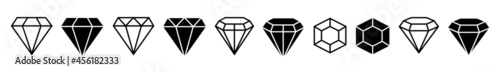 Diamond Icon set. Flat and line shape black crystals. Brilliant jewelry gemstones isolated. Luxury symbols on white background. Vector illustration.