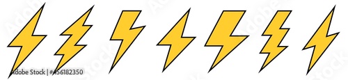 Lightning bolt icons set. Flat energy and thunder symbol. Vintage flash symbol, thunderbolt. Lightning strike vector icon isolated on white background. Vector illustration.  