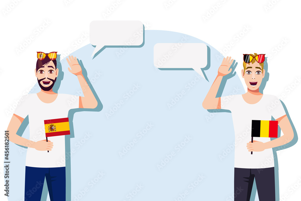 Men with Spanish and Belgian flags. The concept of international communication, education, sports, travel, business. Dialogue between Spain and Belgium. Vector illustration.