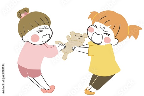 ぬいぐるみのおもちゃを取り合いする2人の女の子