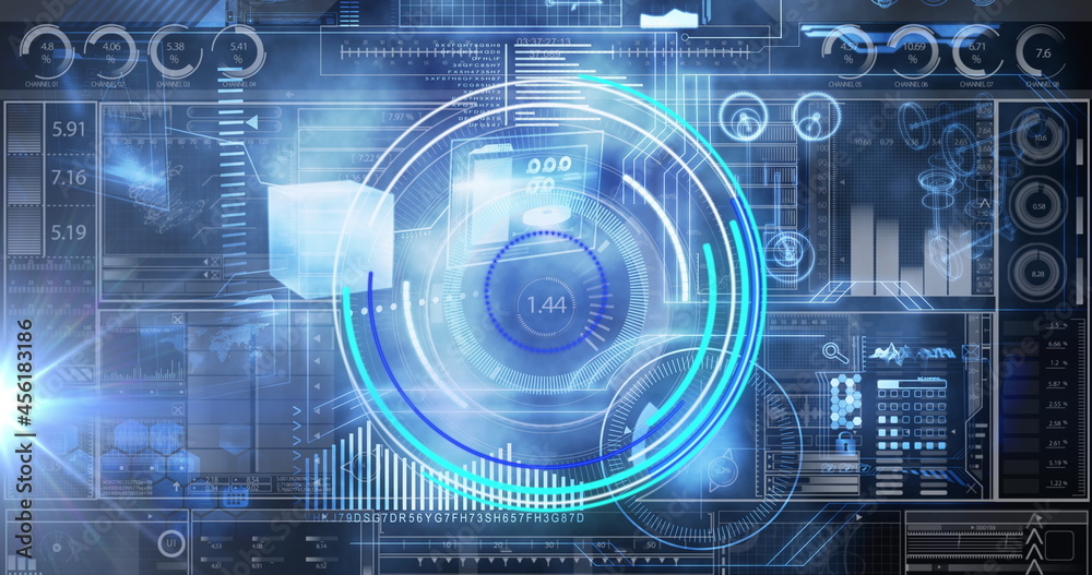 Image of scopes scanning and data processing over digital screen Image of scopes scanning and data processing over digital screen