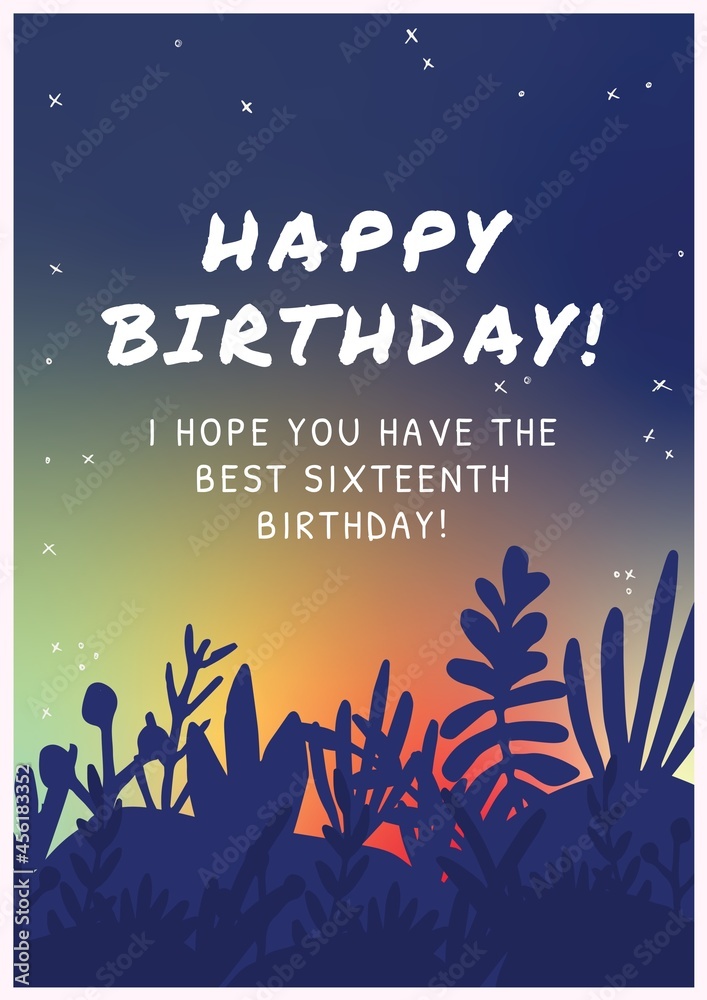 Naklejka premium Composition of happy birthday text and message in white, with plants silhouette on sunset sky