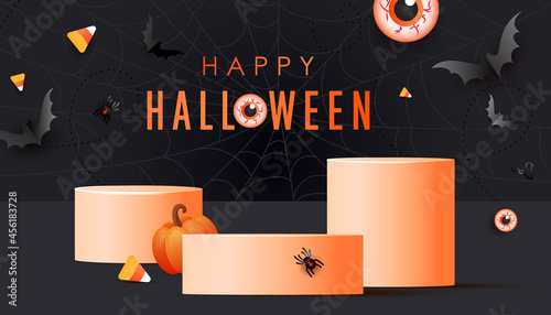 Happy halloween festive discount product display podium background.