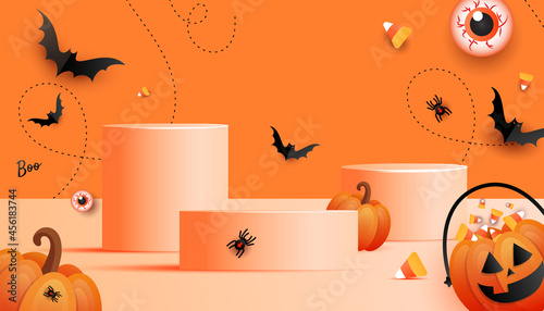 Happy halloween festive product display podium with scary pumpkin face, spider web and spider decorations on orange background. Online shopping concept
