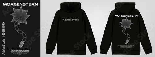 Abstract poster of Morgenstern weapon, in the form of a metal ball equipped with spikes. Stylish sweatshirt with a hood in Acid Graphic style, trendy streetwear, vector illustration