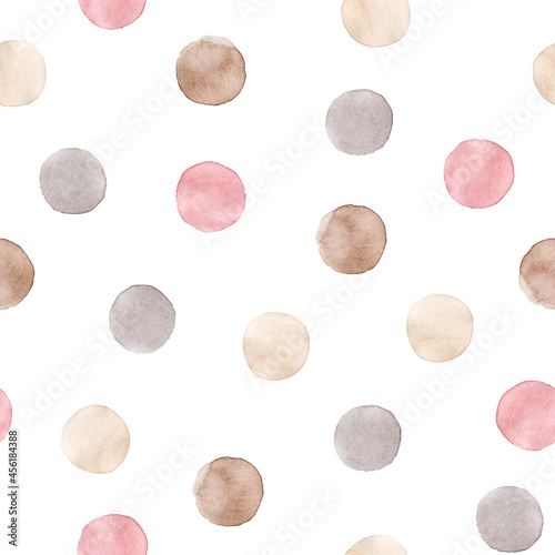 Watercolor seamless pattern with pastel color circles. Hand drawn illustration isolated on white background. Vintage design for children s textiles  printing. Perfect for nursery  card  baby shower.