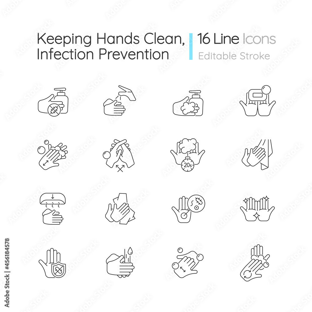 Keeping hands clean linear icons set. Washing with soap and water. Remove pathogenic microorganisms. Customizable thin line contour symbols. Isolated vector outline illustrations. Editable stroke