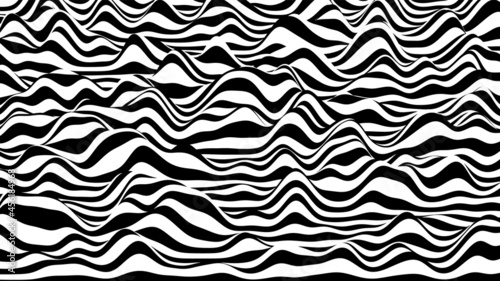 Trendy 3D zebra black and white stripes distorted backdrop. Procedural ripple background with optical illusion effect © garrykillian