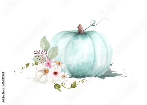 Autumn watercolor illustration with pumpkins and flowers leaves