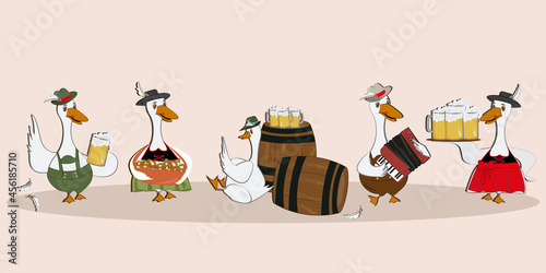 Goose. Set. A group of geese are drinking beer. Plays the acardion. Celebrating the Oktoberfest party in traditional dress. Beer
Beer festival. Fest Concept Flat. Cute sticker template, cartoon 