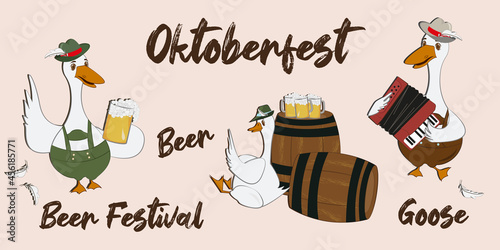 Goose. Set. A group of geese are drinking beer. Plays the acardion. Celebrating the Oktoberfest party in traditional dress. Beer
Beer festival. Fest Concept Flat. Cute sticker template, cartoon 