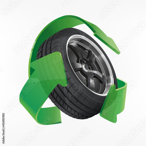 Car tire recycle concept. Green recycle symbol with tyre. Ecology Protect Concept. Eco friendly tire for car. Icon wheel.