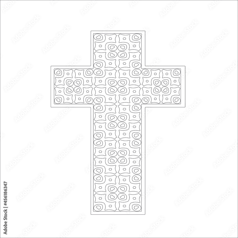 cross with black and white patterns on a white background. 
Repeating geometric pattern from striped elements. 