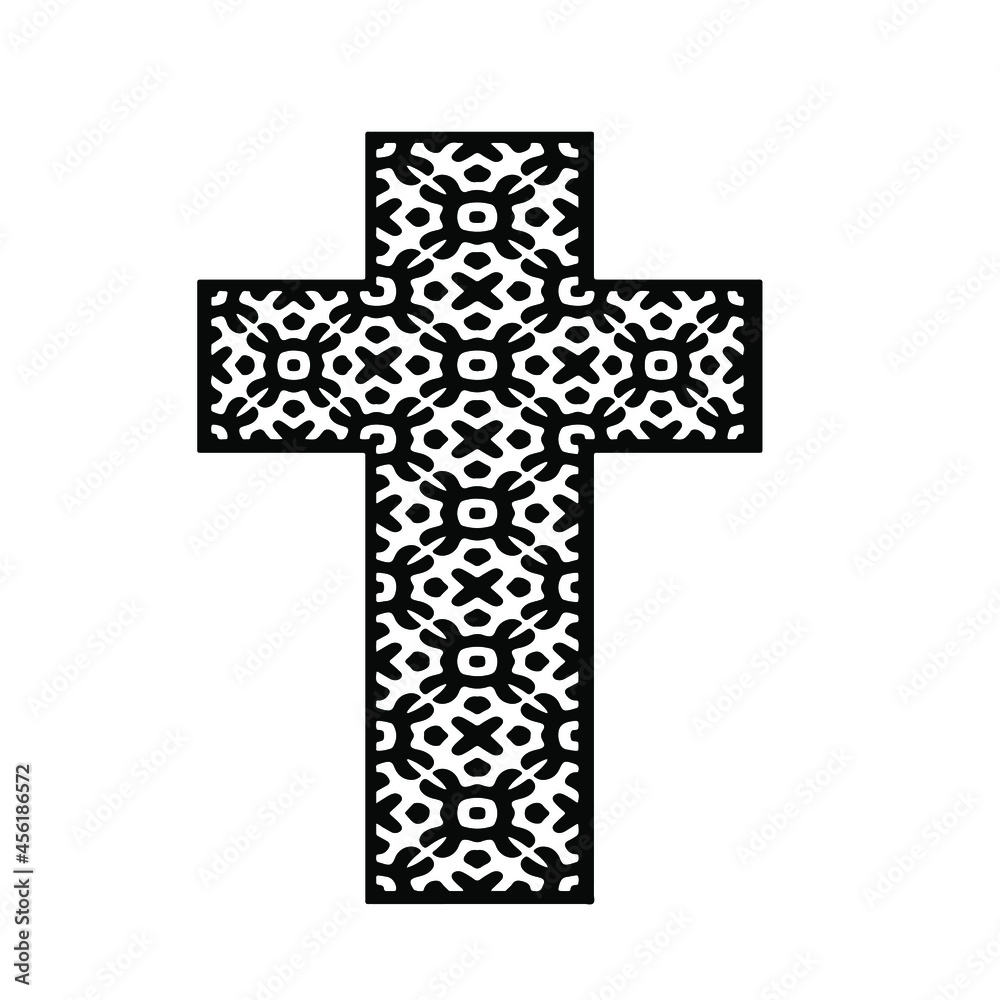 cross with black and white patterns on a white background. 