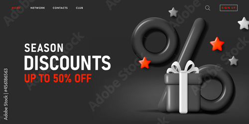 Black Friday discount sale web banner with 3d render illustration of gift box and big percent sign