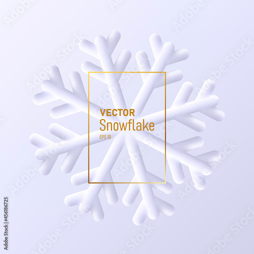 Modern winter holiday poster with big 3d snowflake in render style with golden frame and typography for Christmas and New Year