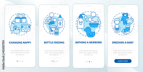 Infant care blue onboarding mobile app page screen. Mother looking after newborn walkthrough 4 steps graphic instructions with concepts. UI, UX, GUI vector template with linear color illustrations