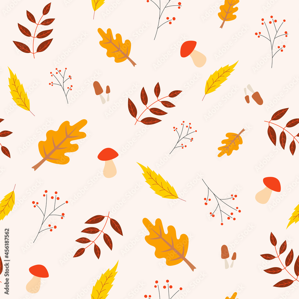 seamless autumn pattern with leaves, mushrooms, branches and berries. Background for textile, book covers, wallpapers, design, graphic art, printing, hobby.