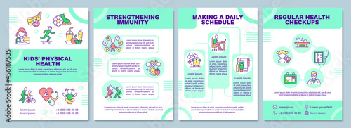 Kids physical health brochure template. Regular medical checkup. Flyer, booklet, leaflet print, cover design with linear icons. Vector layouts for presentation, annual reports, advertisement pages