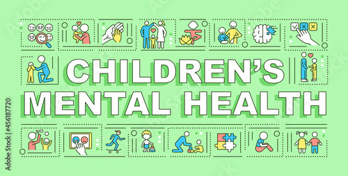 Children mental health word concepts banner. Emotional development. Infographics with linear icons on green background. Isolated creative typography. Vector outline color illustration with text