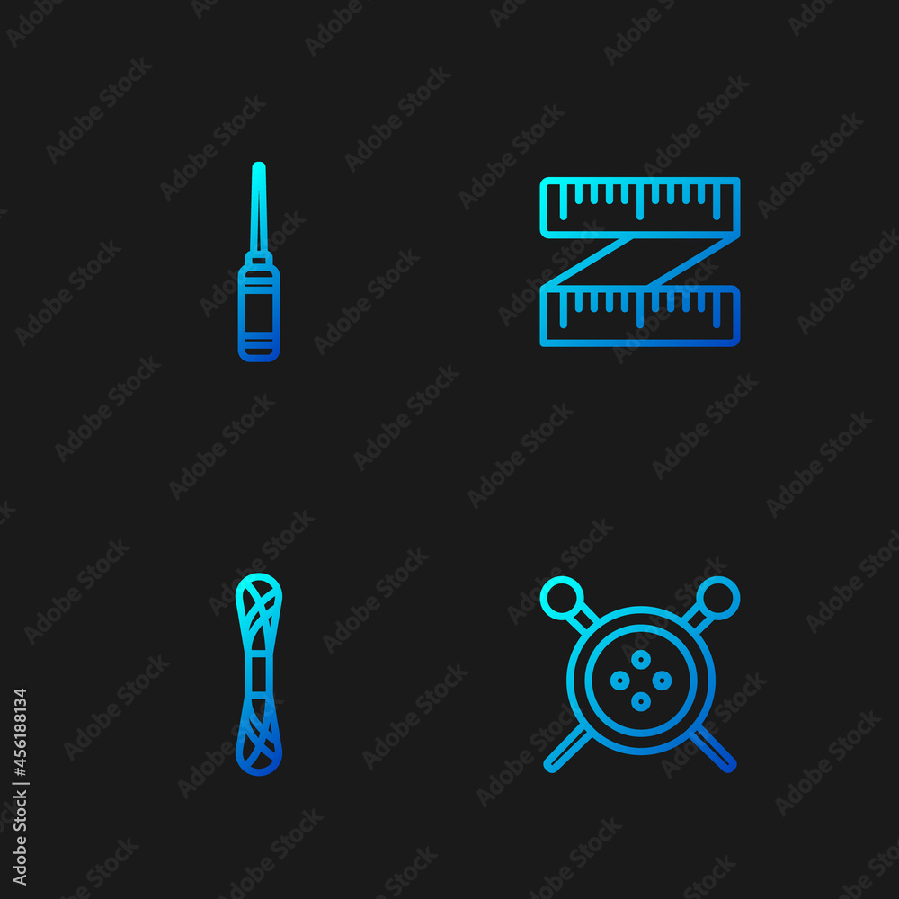 Set line Sewing button and knitting needles, Yarn, Awl tool and Tape measure. Gradient color icons. Vector Set line Sewing button and knitting needles, Yarn, Awl tool and Tape measure. Gradient color icons. Vector