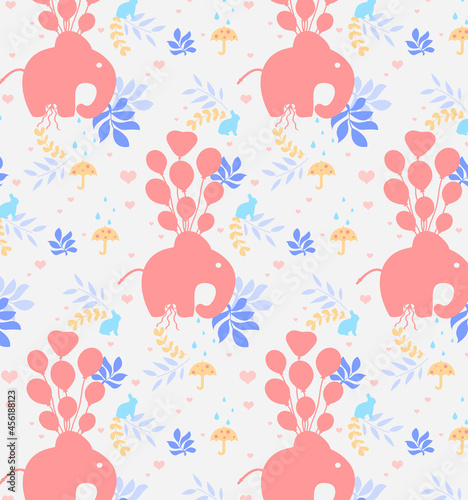 Seamless  pattern with cute  elephant  on floral background. Perfect for textile, wallpaper or print design.