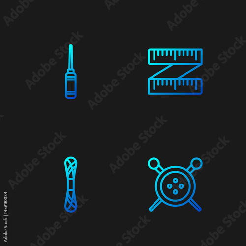 Set line Sewing button and knitting needles, Yarn, Awl tool and Tape measure. Gradient color icons. Vector